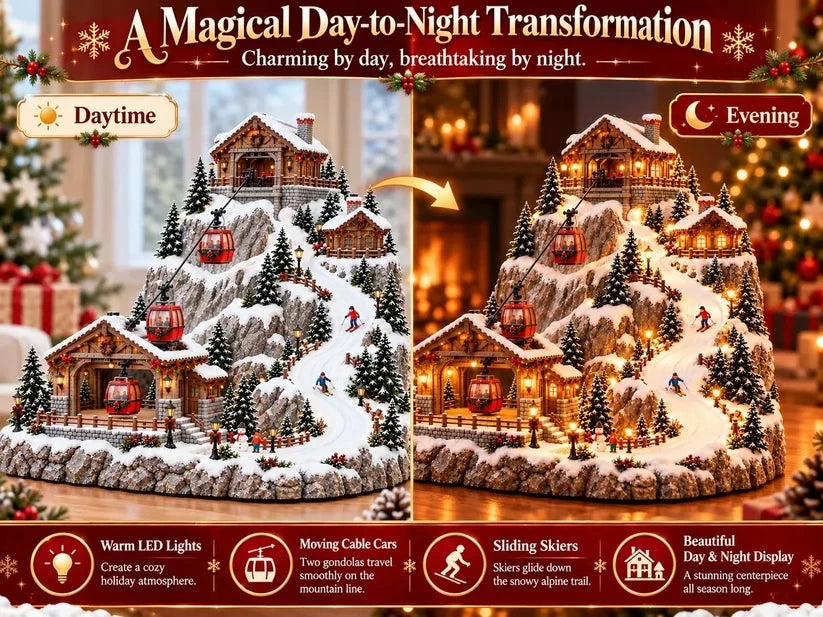 🚡Animated Christmas Mountain Cable Car & Ski Village Scene ✨