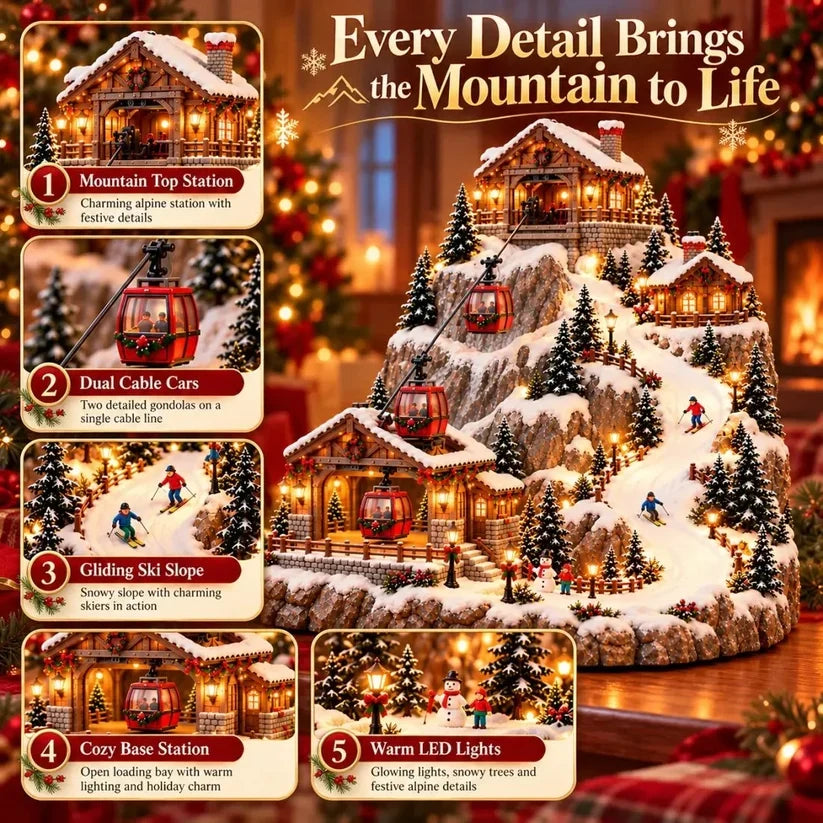 🚡Animated Christmas Mountain Cable Car & Ski Village Scene ✨